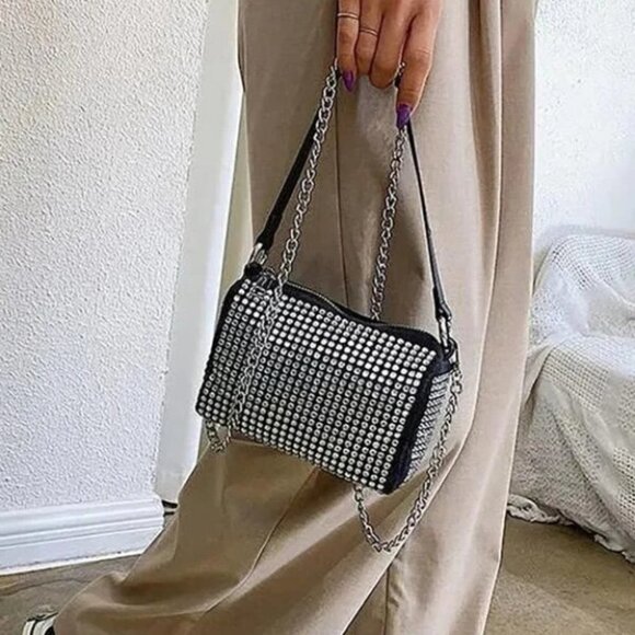 Black with silver Rhinestone Chain Square Bag purse - Picture 10 of 11